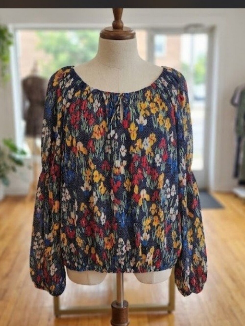 Women's Navy Floral Peasant Blouse with Smocked Hem